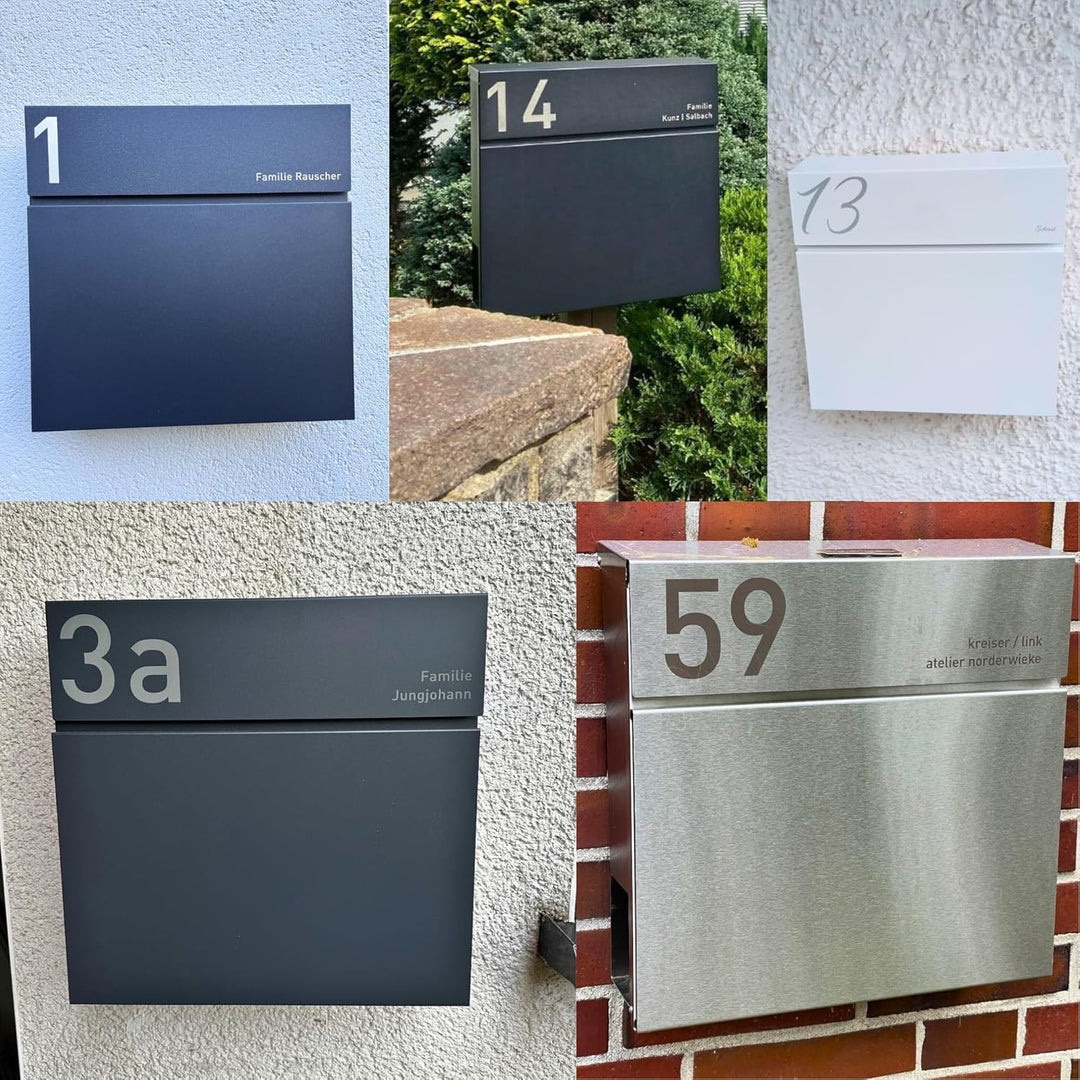 Radius® Designer Briefkasten Edelstahl - Hausnummer & Briefkasten Namensschild personalisiert mit La
