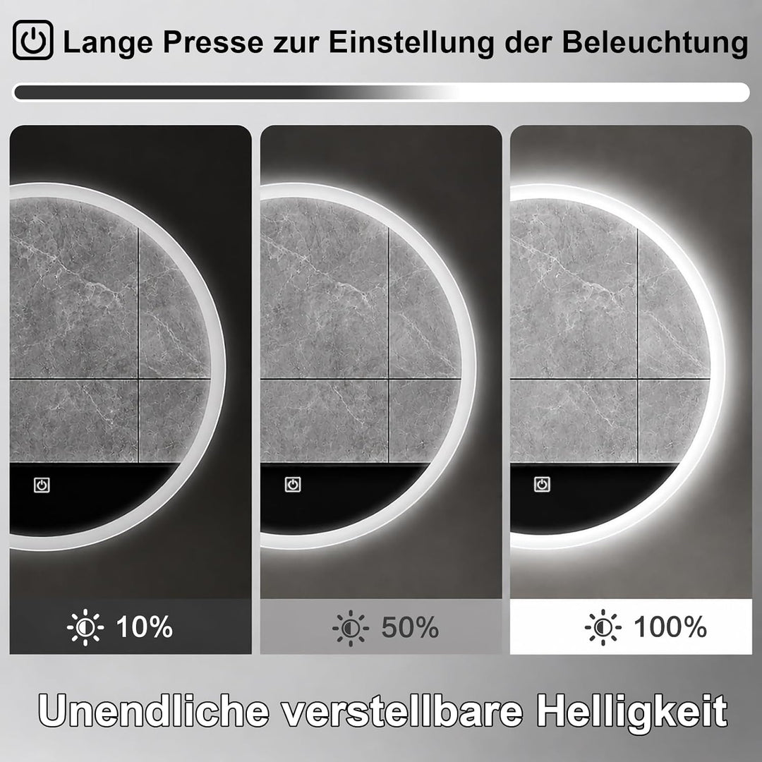 Badspiegel mit Beleuchtung, LED Badezimmer Spiegel Rund 50cm, Dimmbar, 3 Lichtfarben, Touch-Schalter