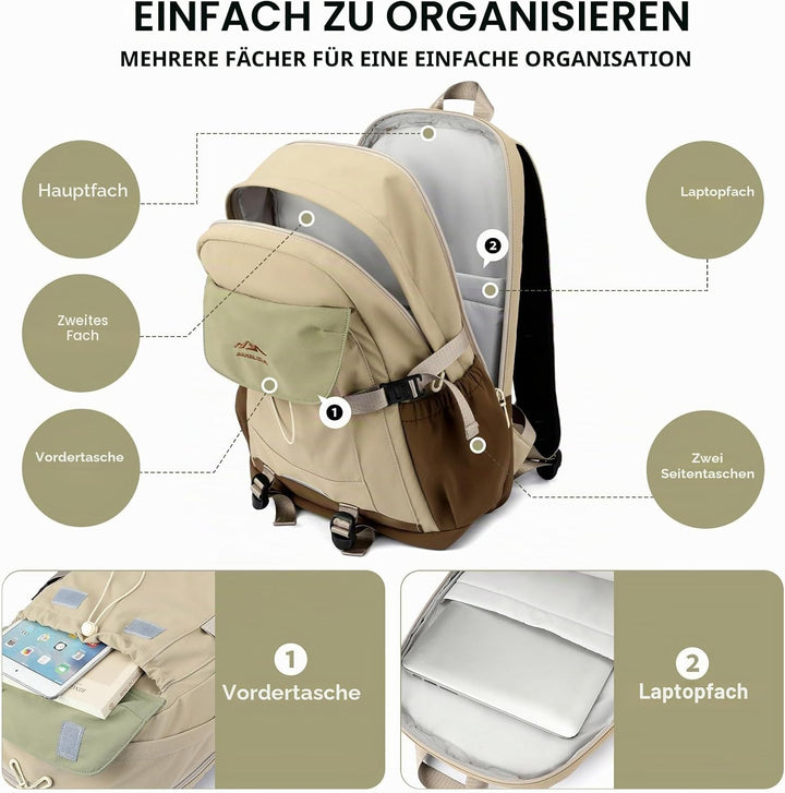 Amythe Schulranzen Jungen Teen 10-18 Jahre Wasserdicht Brustgurt 30 L, Khaki, Khaki