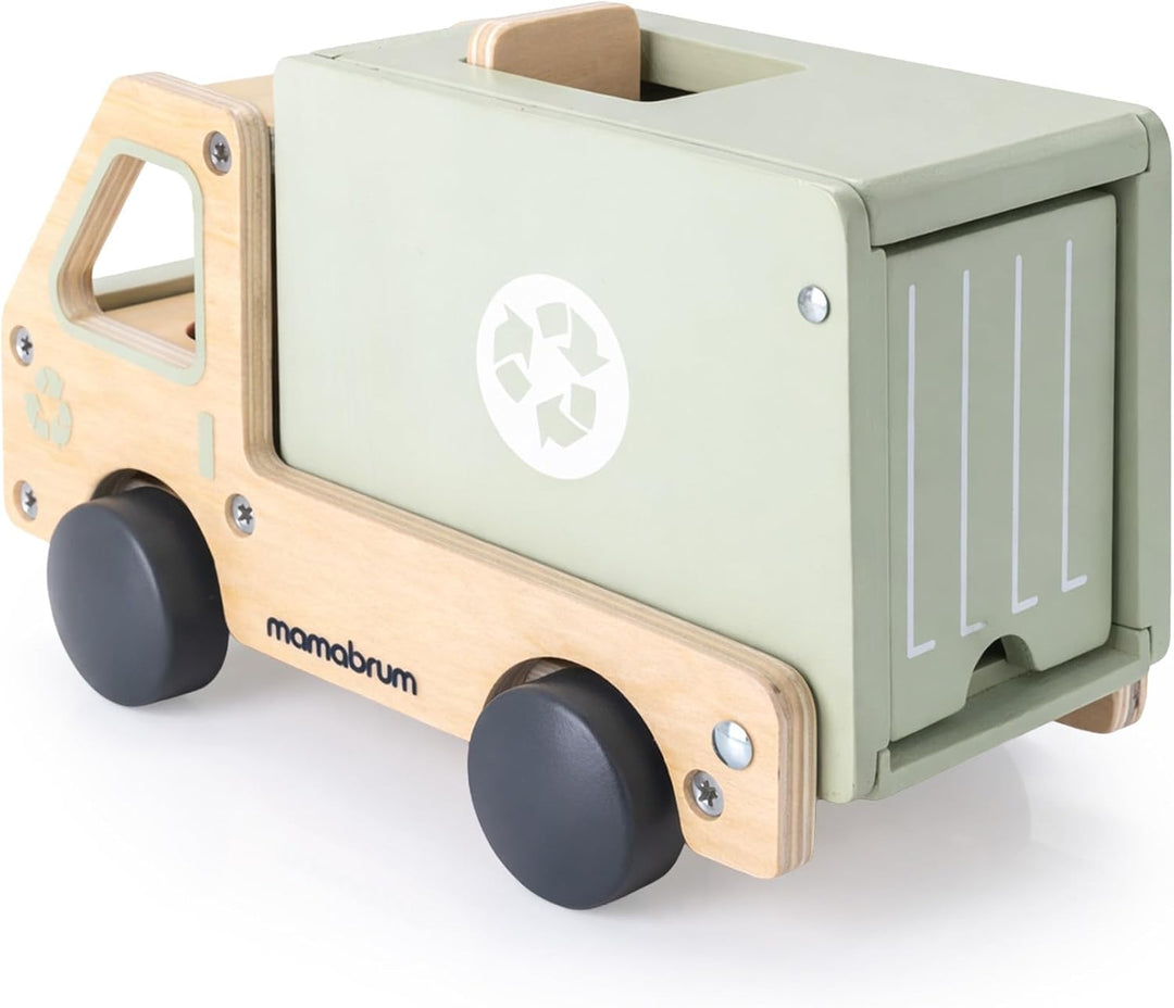 mamabrum Holz-Müllwagen mit Zubehör, Lernspielzeug für Kinder ab 3 Jahren, MDF, Natur und Grün, 2 Ho