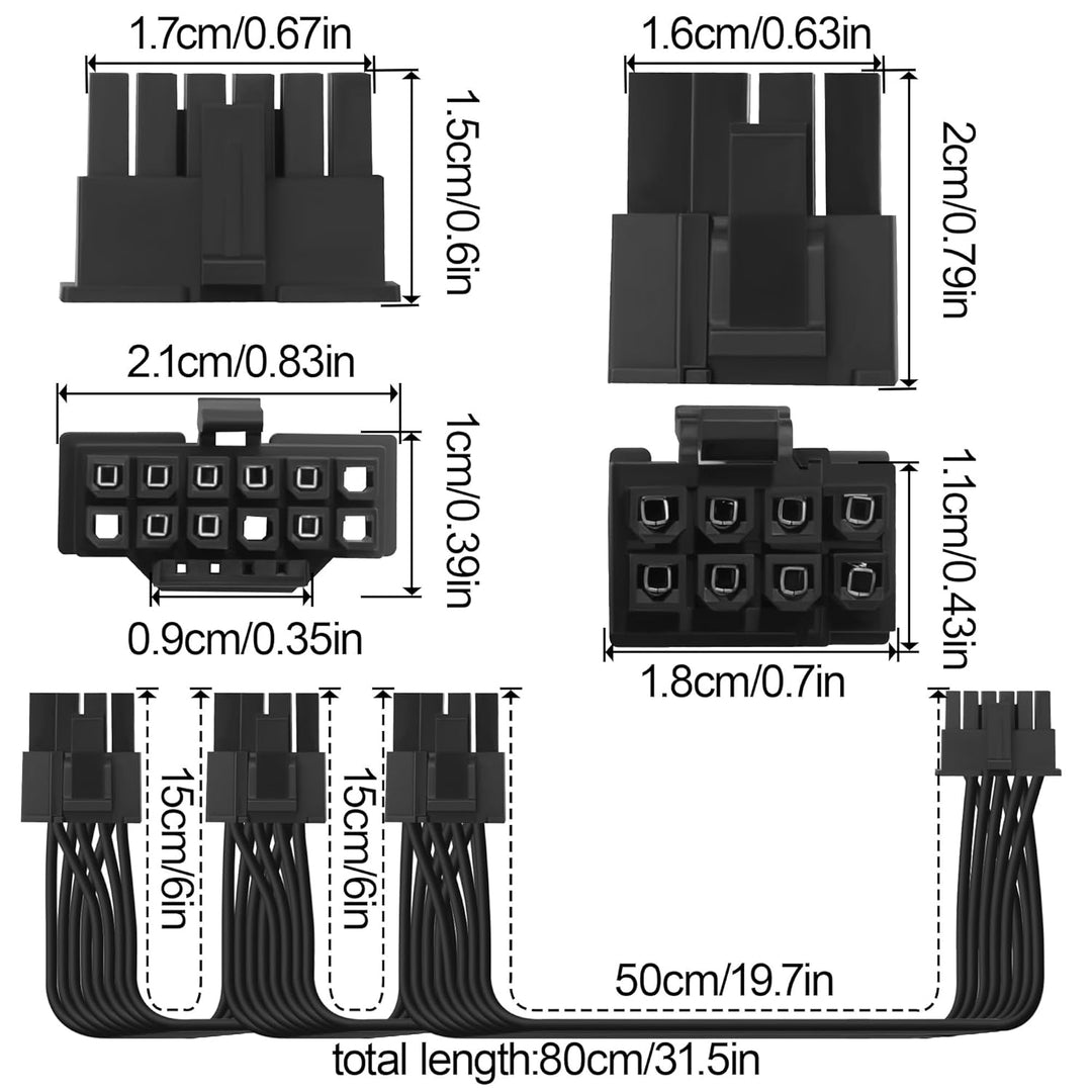 Adapterkabel 12 VHPWR auf 3 x 8 Pin PCIe für Grafikkarte, 18 AWG, massives Kupfer, 50 + 15 + 15 cm