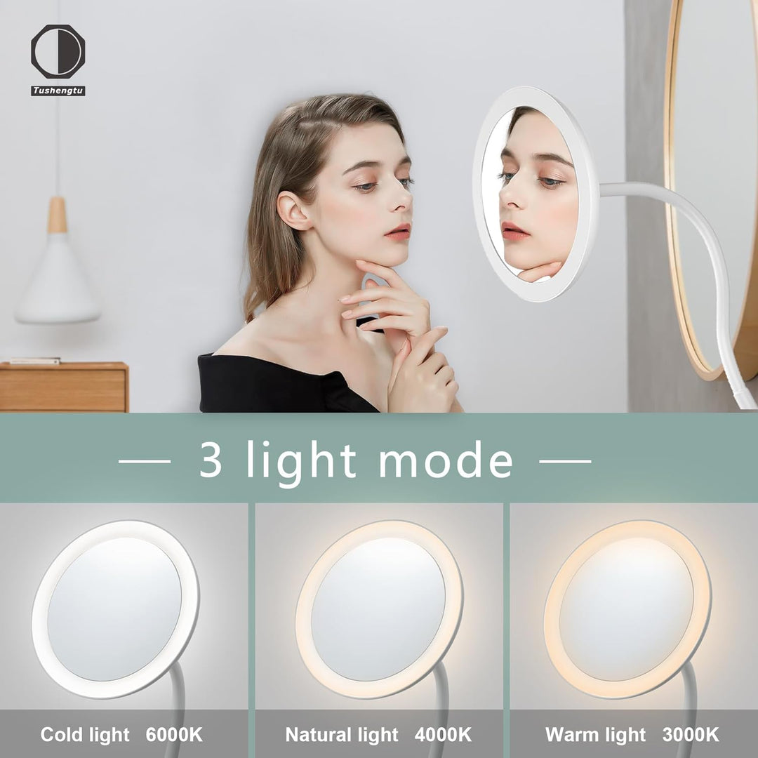TUSHENGTU 16,5 cm Clip-on-Schminkspiegel mit Licht, Schwanenhals-Reise-Flachspiegel, USB-Aufladung (