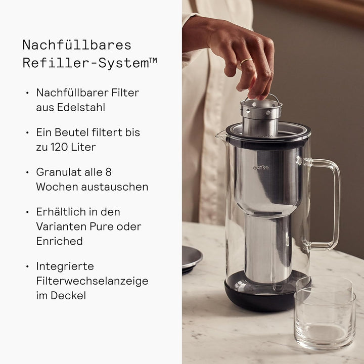 Aarke Purifier, Wasserfilterkaraffe aus Glas und Edelstahl, 2.4L, Aarke Pure Filter Nachfüllbeutel s