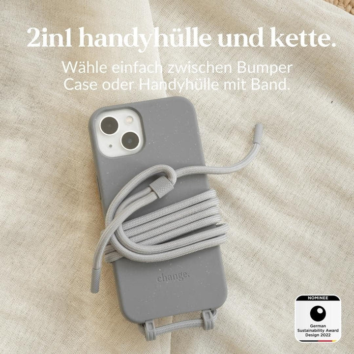 Woodcessories - Nachhaltige Handykette abnehmbar kompatibel mit iPhone 13 Mini Hülle mit Band grau -