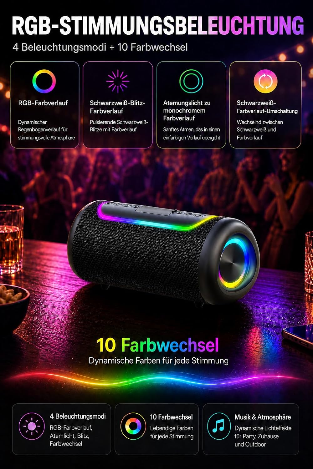 UOHHBOE 30W Bluetooth Lautsprecher Tragbarer Musikbox Bluetooth 5.4 Dual Stereo & TWS 30 Std Akku RG