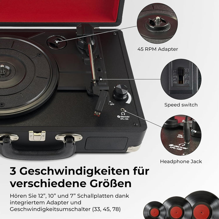 Denver VPL120 Plattenspieler mit Eingebauten Lautsprechern, Tragbaren Schallplattenspieler mit Aux E