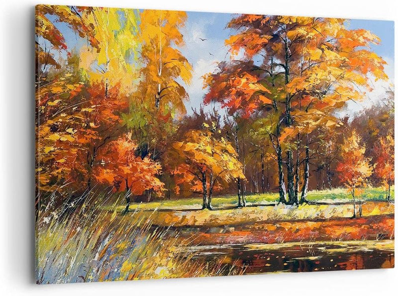 Bilder auf Leinwand 100x70cm Leinwandbild mit Rahmen Park Herbst Wasser Gross Wanddeko Bild Schlafzi