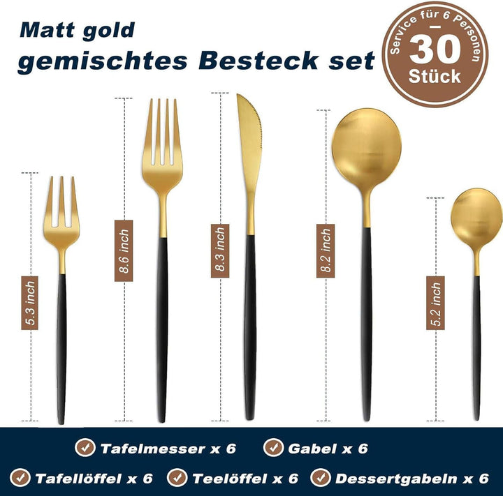 Bestdin Besteck Set 6 Personen, 30 teilig Besteck Schwarz Gold Matt, Essbesteck Set mit Messer Gabel
