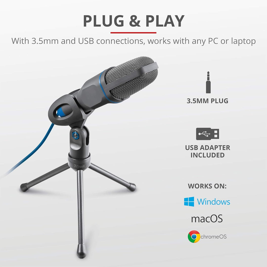 Trust Mico PC Mikrofon mit Kondensator und Stativ, Mit 3,5 mm und USB Anschluss, Plug and Play, Micr