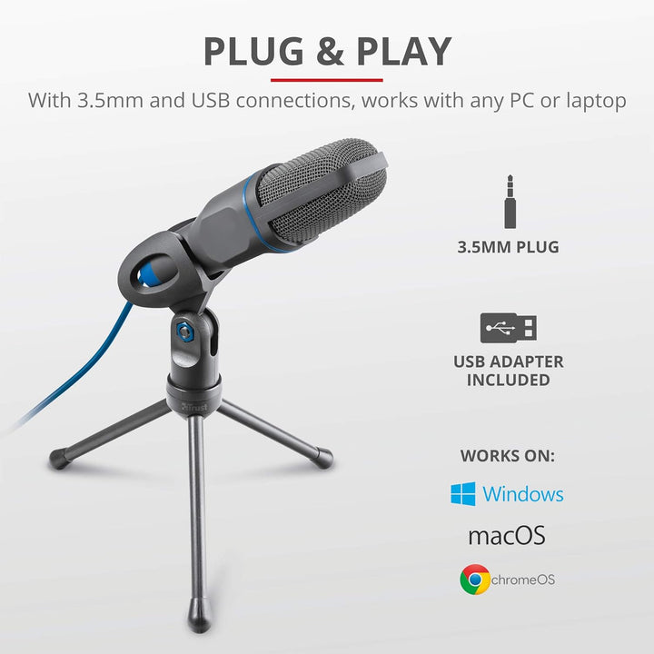 Trust Mico PC Mikrofon mit Kondensator und Stativ, Mit 3,5 mm und USB Anschluss, Plug and Play, Micr