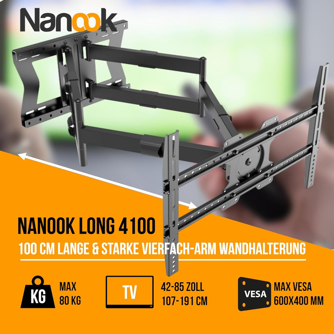 Nanook 4100 Langarm-TV-Wandhalterung für 42-85-Zoll-Fernseher, Extra langer Auszug bis zu 100 cm, St