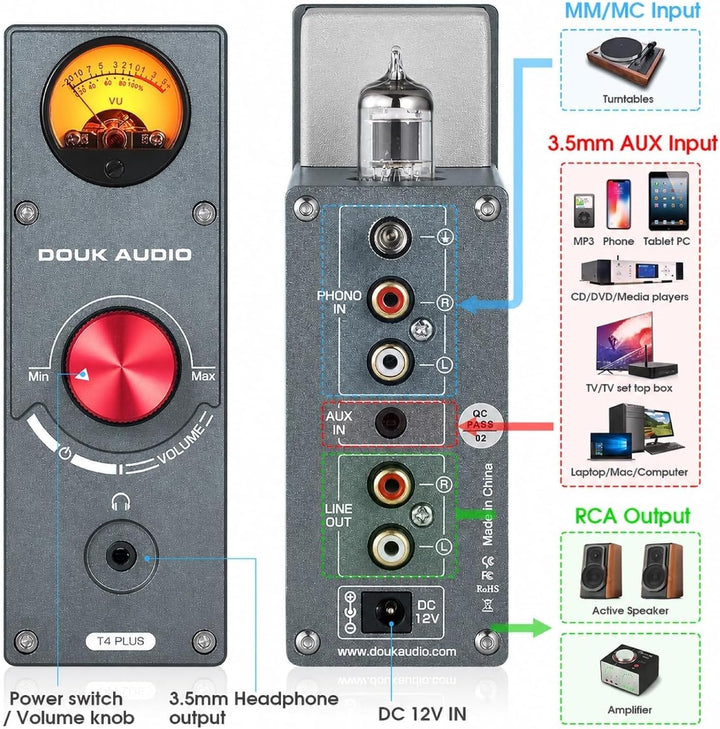 Douk Audio T4 Plus HiFi JAN5654 Röhrenvorverstärker MM/MC Phono-Vorverstärker für Plattenspieler Min