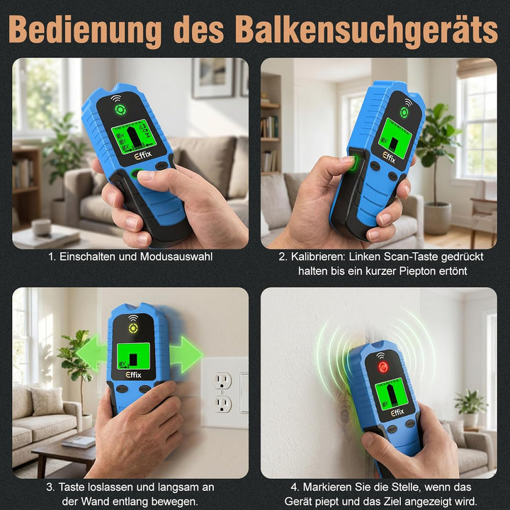 Effix Leitungssuchgerät Wandscanner - Multifunktionaler Wanddetektor Bolzenfinder mit Smartem Sensor
