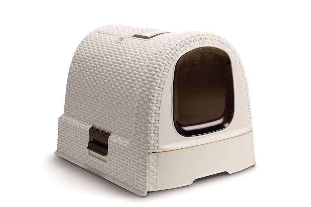 Curver petlife Katzentoilette mit Deckel, Katzenklo inklusive Schaufel, moderne Rattangeflecht-Optik
