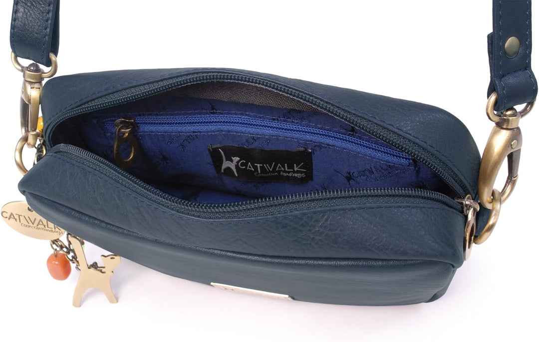 Catwalk Collection Handbags - Leder - Klein Umhängetasche Messenger/Schultertasche - POLLY Blau, Bla