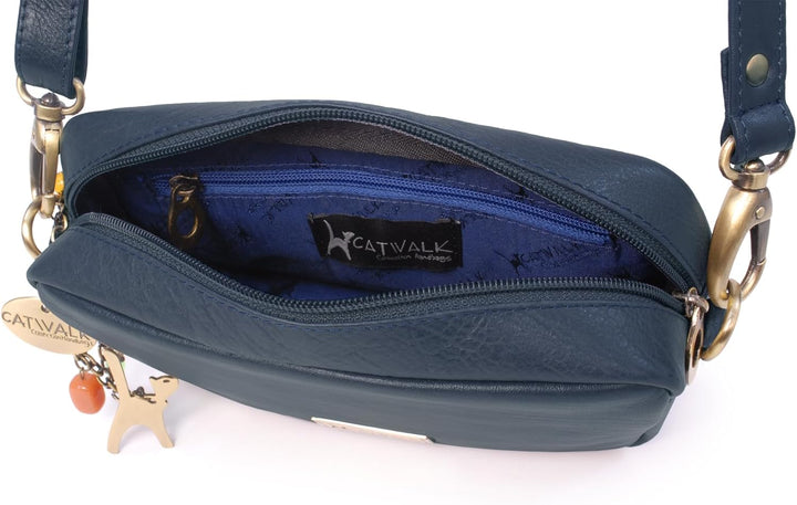 Catwalk Collection Handbags - Leder - Klein Umhängetasche Messenger/Schultertasche - POLLY Blau, Bla