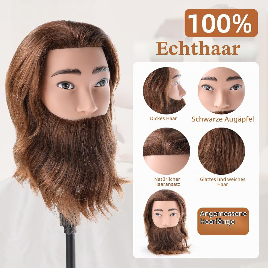 Mann Frisierkopf 100% Echthaar mit Bart Männlich Übungskopf Echthaar Friseur Kopf Puppenkopf Mannequ