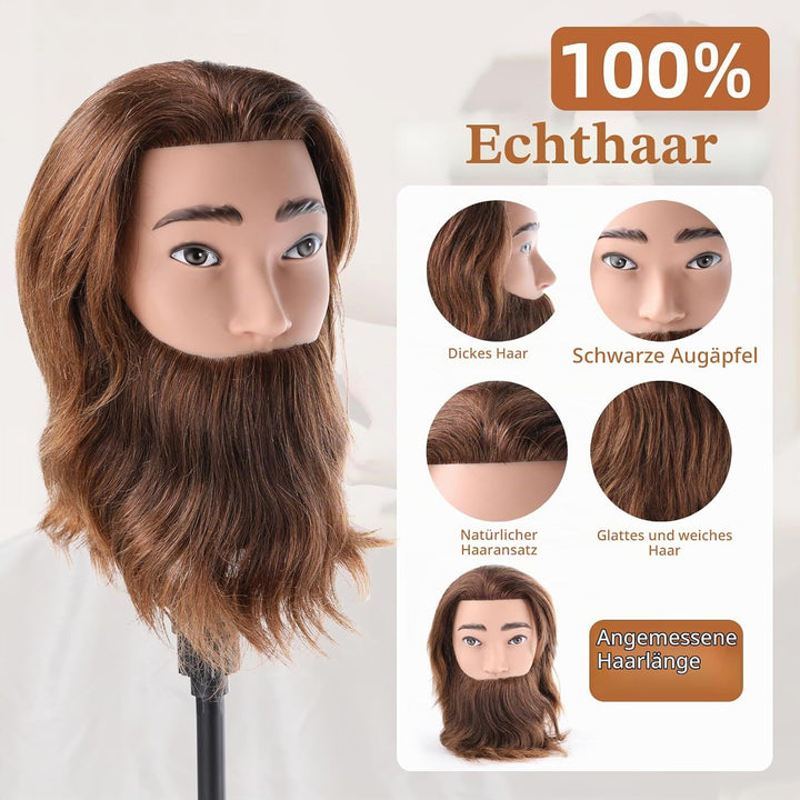 Mann Frisierkopf 100% Echthaar mit Bart Männlich Übungskopf Echthaar Friseur Kopf Puppenkopf Mannequ