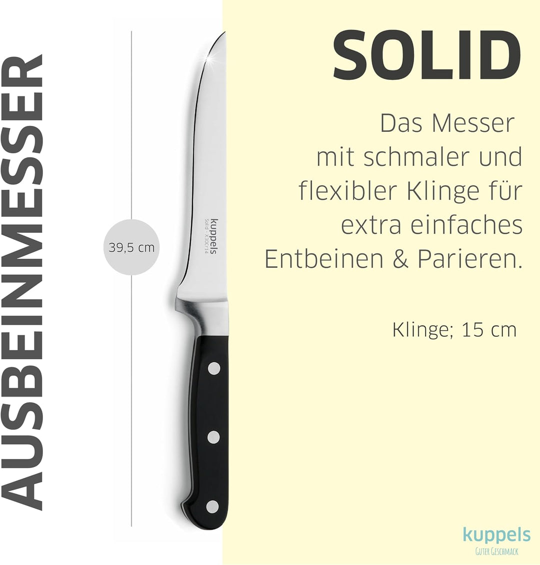 KUPPELS Solid Ausbeinmesser | Ergonomischer Griff Schwarz | Schmale Klinge | Integrierter Fingerschu