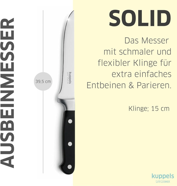 KUPPELS Solid Ausbeinmesser | Ergonomischer Griff Schwarz | Schmale Klinge | Integrierter Fingerschu