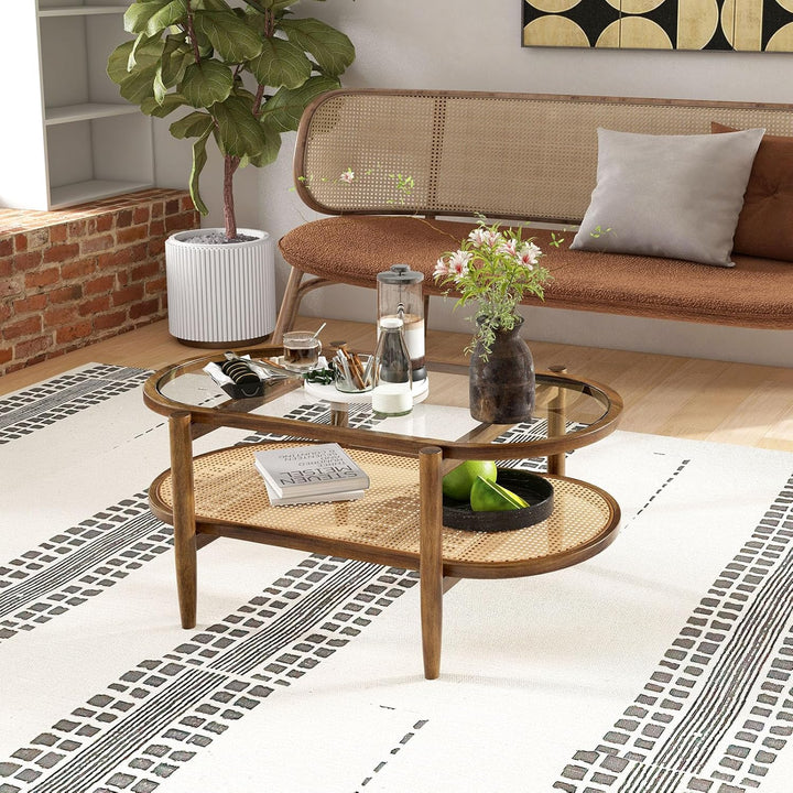 LIFEZEAL Couchtisch Glas aus Holz, Wohnzimmertisch mit 2 Ebenen, Sofatisch Glastisch aus Massivholz,