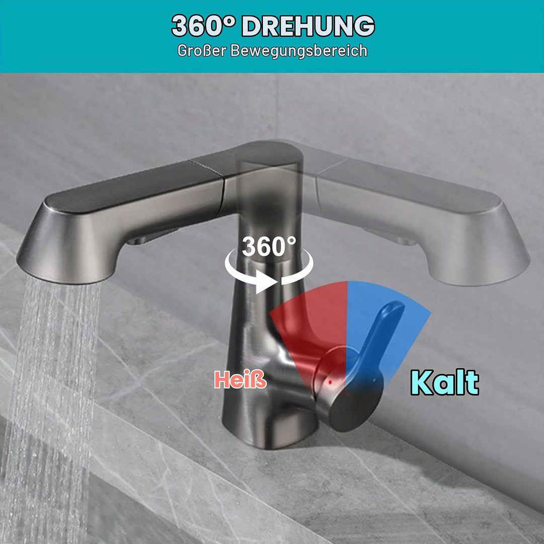 Wasserhahn Küche Ausziehbar mit Brause | Hochdruck, 360° Drehbar, 2 Wasserstrahlarten, 60cm Schlauch