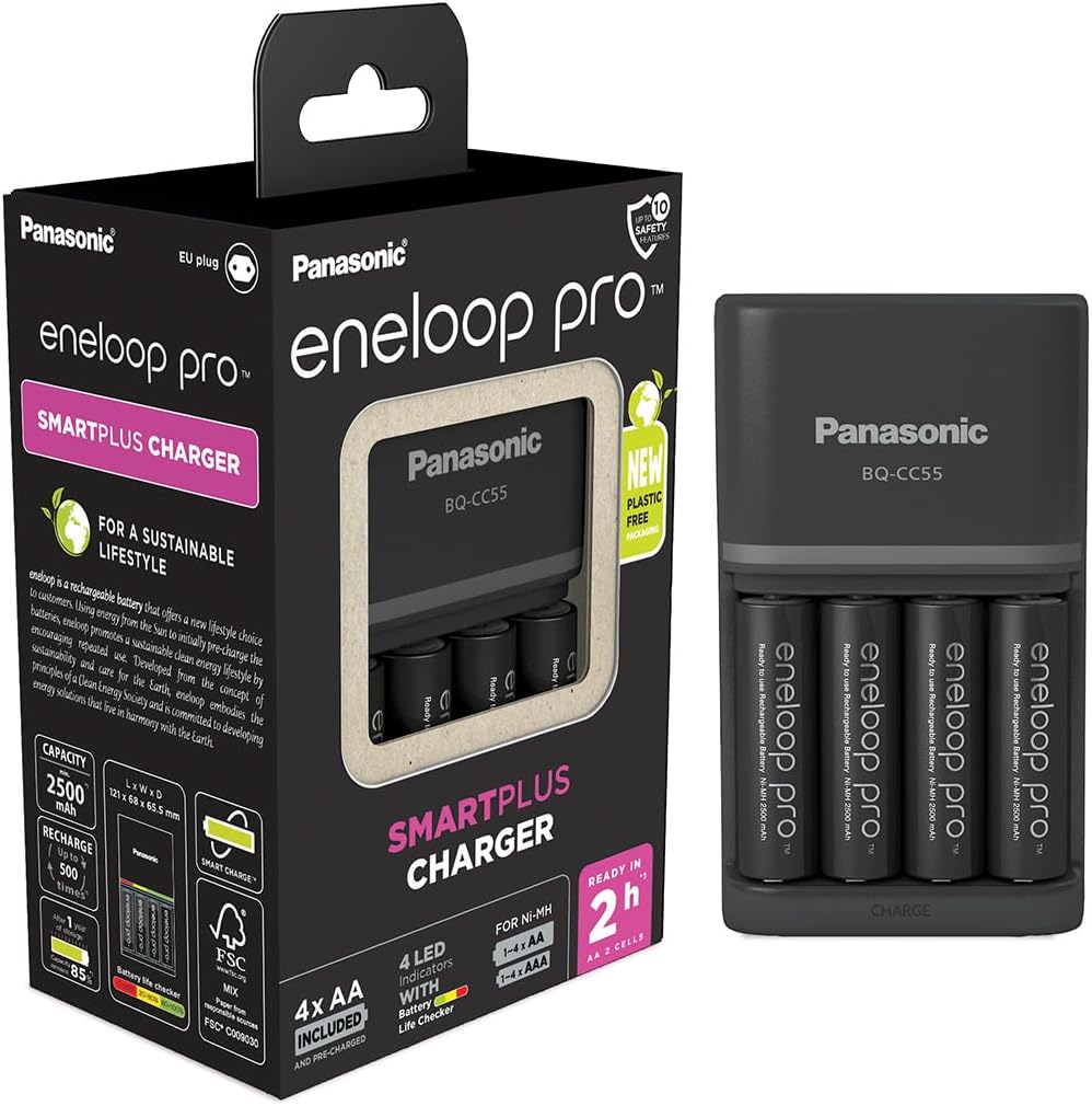 Panasonic eneloop SmartPlus Ladegerät für 1–4 AA/AAA NI-MH-Akkus & c eneloop pro AA/Mignon, 4er-Pack