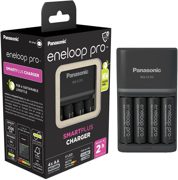 Panasonic eneloop SmartPlus Ladegerät für 1–4 AA/AAA NI-MH-Akkus & c eneloop pro AA/Mignon, 4er-Pack