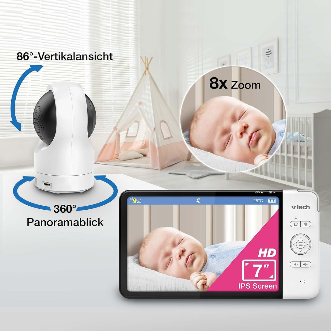 VTech Smart Babyphone mit 7"-HD-Farbbildschirm, WLAN, 2 Kameras mit 1080p-FHD-Kamera, kostenloser Ap