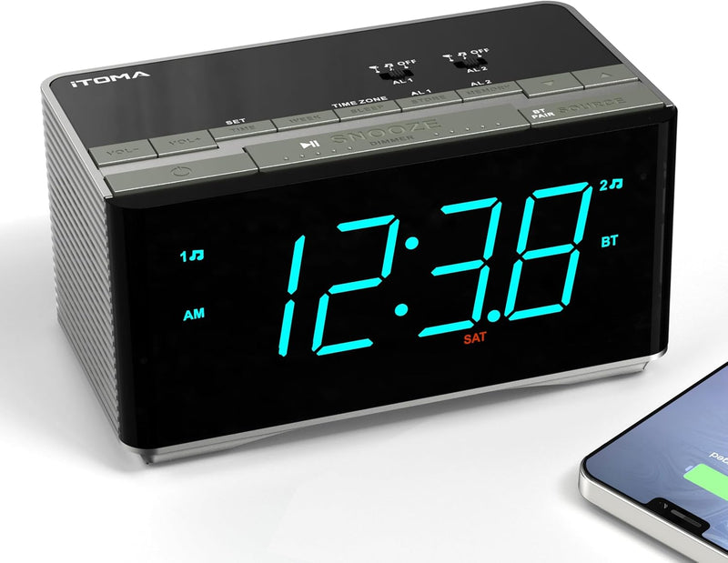 iTOMA Radiowecker，Bluetooth Stereo Lautsprecher, FM Radio, Dual Wecker, Snooze, Helligkeitsdimmer, U