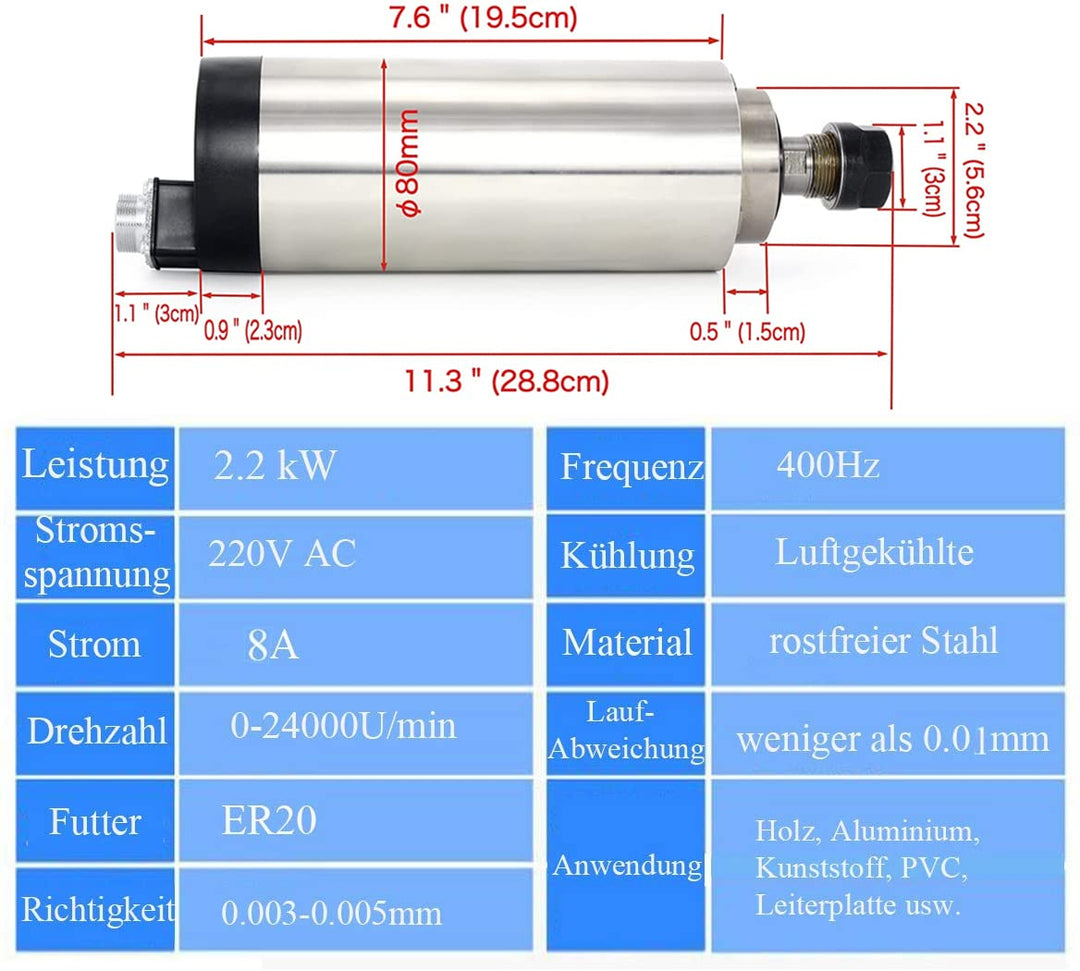 RATTMMOTOR 2.2kw Luftgekühlter Spindelmotor 220V Luftkühlung Frässpindel CNC Spindel Motor 4000rpm E