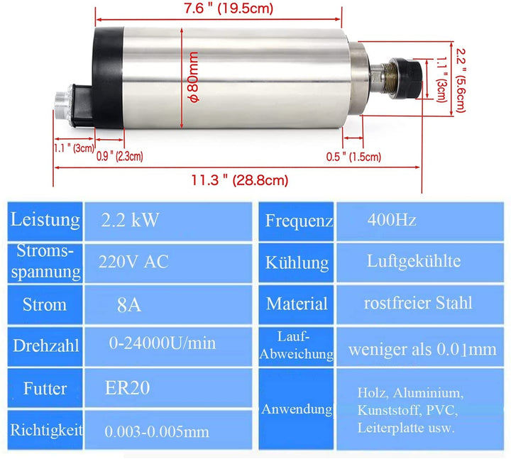 RATTMMOTOR 2.2kw Luftgekühlter Spindelmotor 220V Luftkühlung Frässpindel CNC Spindel Motor 4000rpm E