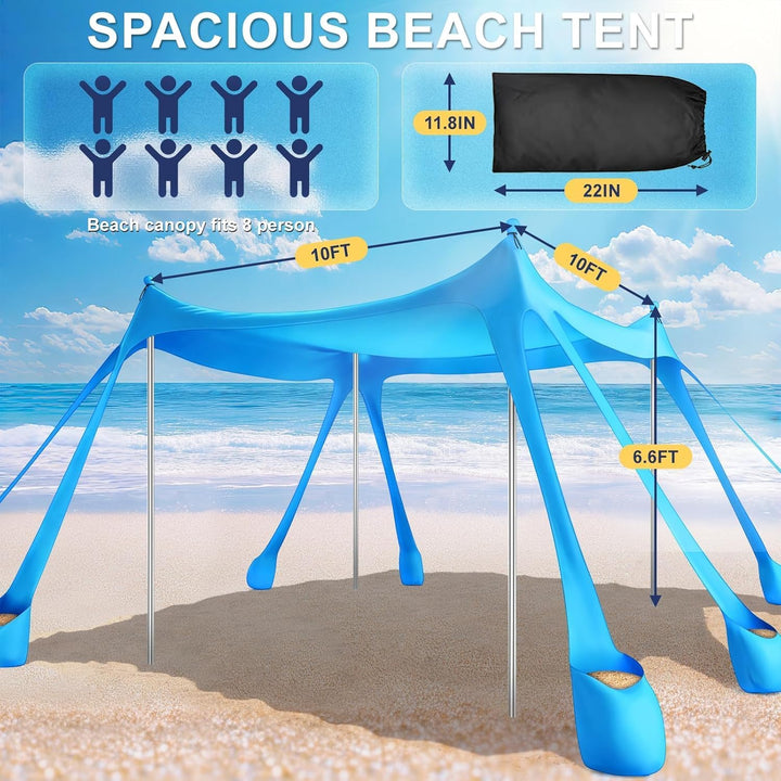 Strandzelt Sonnenschutz UPF 50+, 3 x 3 m Strand-Vordach Sonnenschirm, Pop-Up Strandvordach mit 8 San