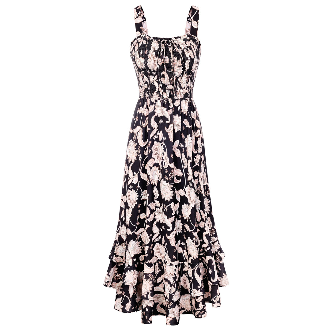 GRACE KARIN Damen langes Blumenkleid Ärmellos Spaghettiträger Freizeitkleid Böhmisch Maxikleid Stran