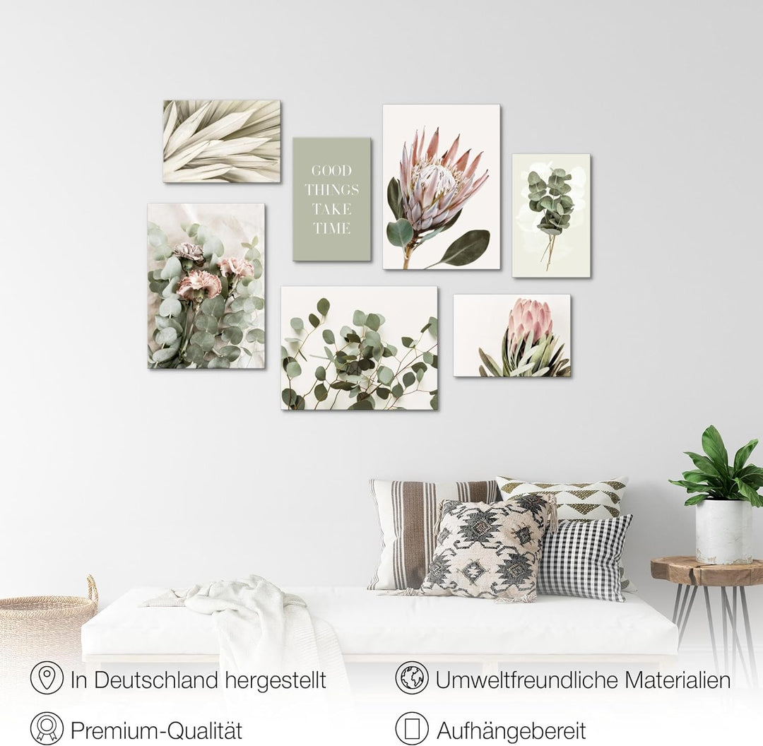 Novart Wandbilder Grün Blätter - KOMPLETT AUFHÄNGFERTIG - Boho Beige Wohnzimmer Schlafzimmer- 7 Mode