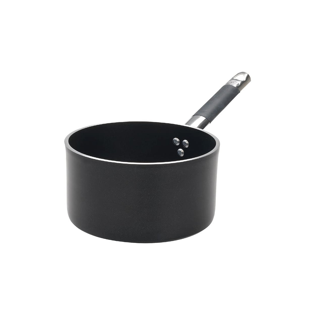 Pentole Agnelli Alblack Hohe Stielkasserolle aus Aluminium, Dicke 5 mm, Edelstahl, Schwarz 1.5 l sch