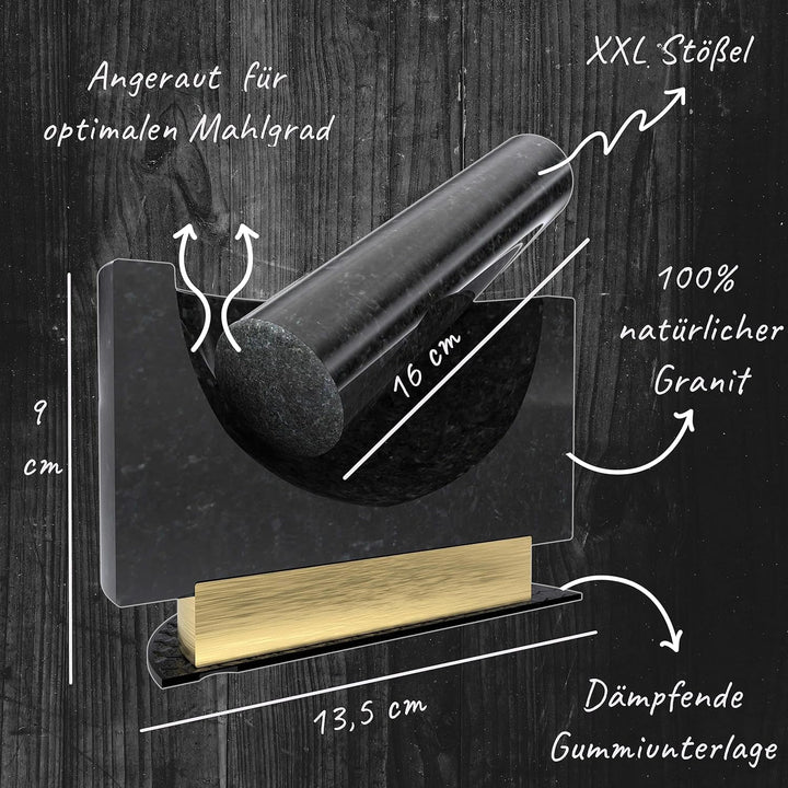 MARINDO Granit Mörser mit Stössel | Mörser mit extra langem Stössel & Gold ummantelter Kupferbasis |