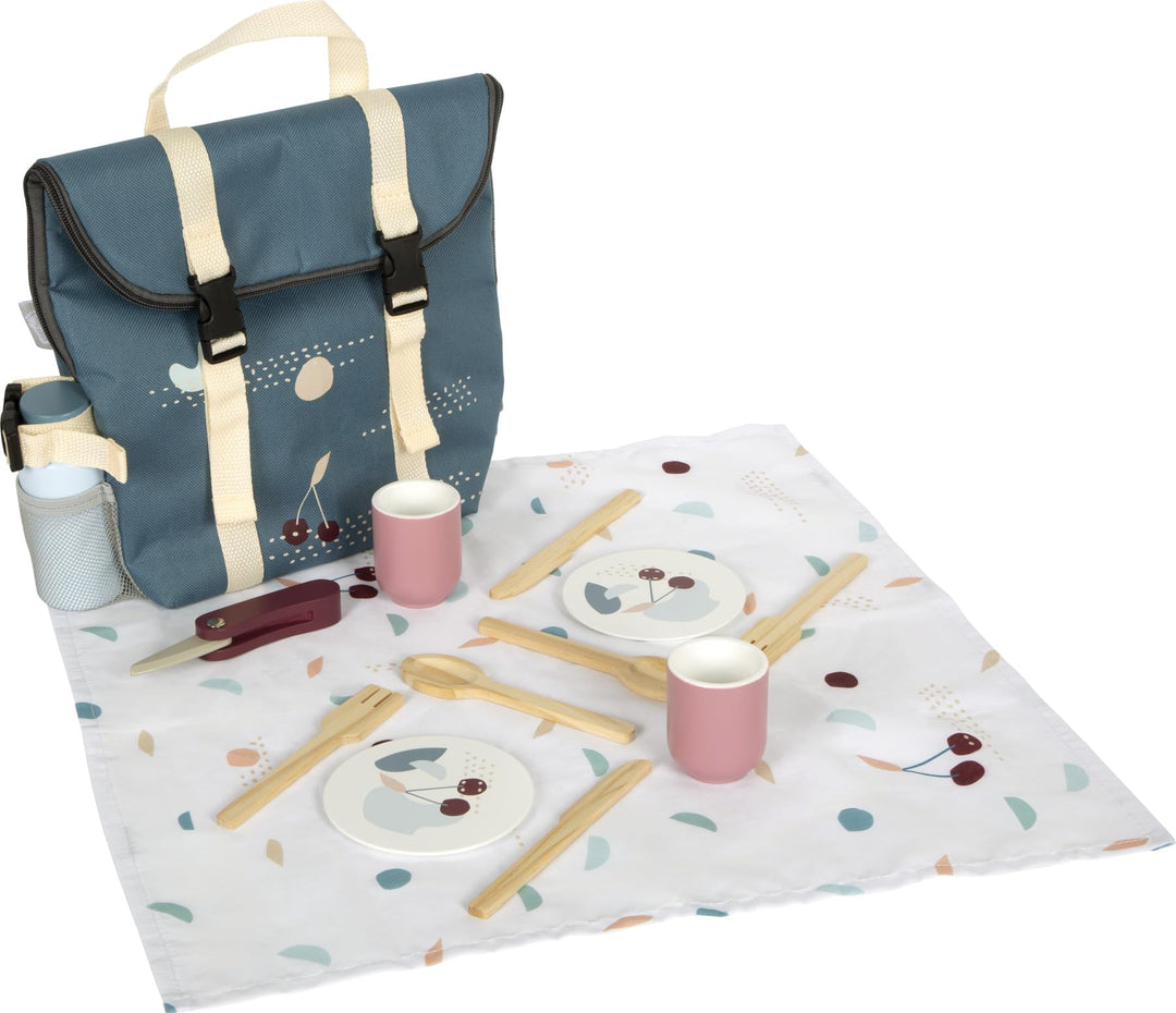 small Foot Picknickrucksack „Tasty“ aus Holz, Picknick-Spielset mit umfangreichem Zubehör, Rucksack