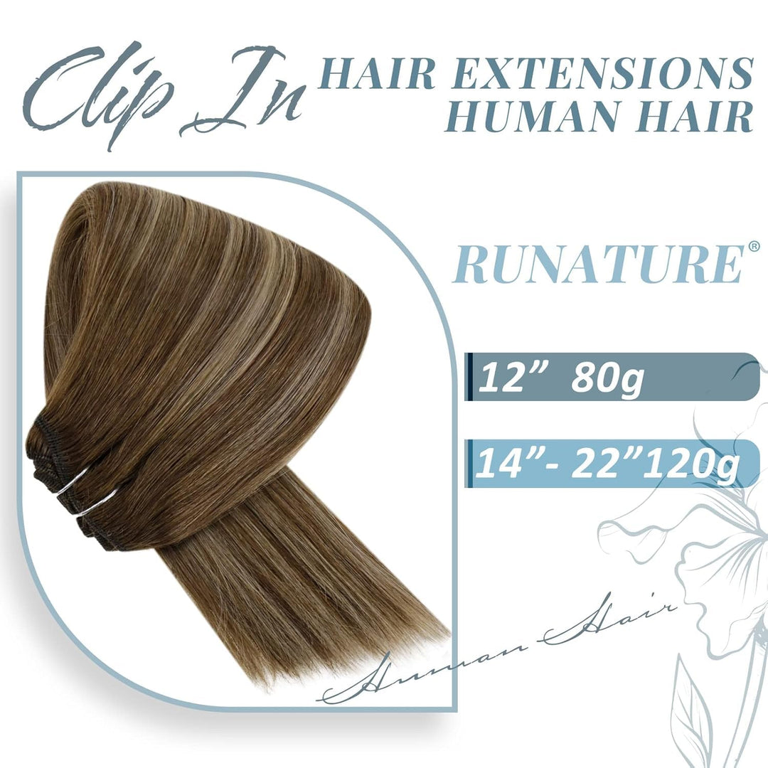 RUNATURE Clip in Extensions Echthaar Balayage Braun 30cm Gerade Echthaar Extensions Clip Braun Ombre