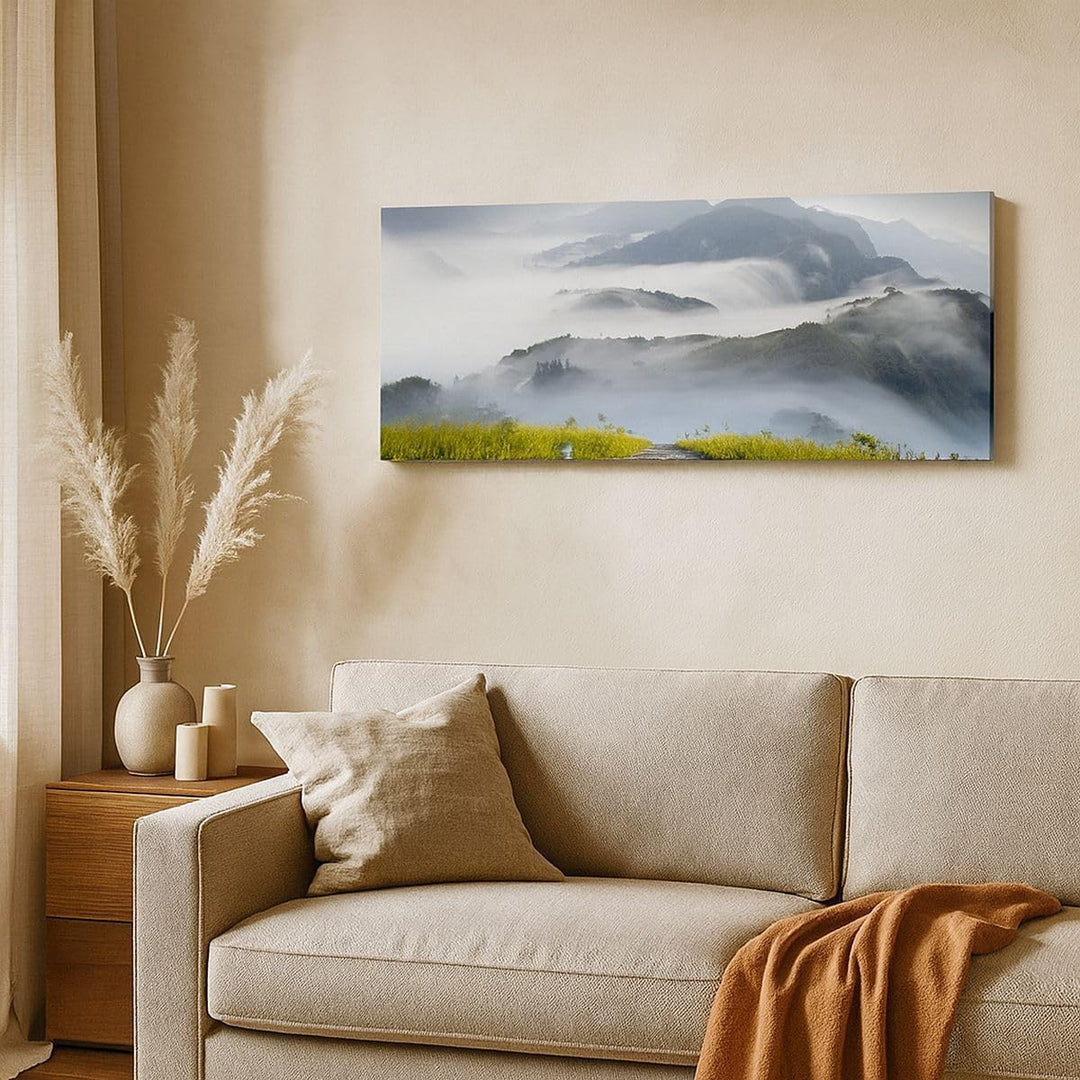Wandbilder Dekoration Wohnzimmer Berg Nebel Landschaft Morgen Panorama Bilder auf Leinwand 120x50cm