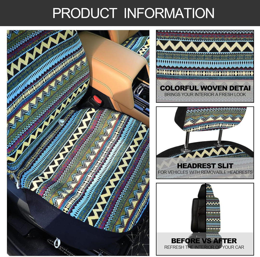 Frienda Baja Autositzbezüge, komplettes Set, Mehrfarbig, gestreift, Boho-Druck, Lenkradbezug, Sicher