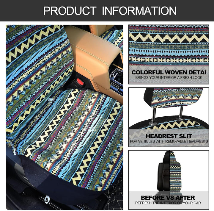 Frienda Baja Autositzbezüge, komplettes Set, Mehrfarbig, gestreift, Boho-Druck, Lenkradbezug, Sicher