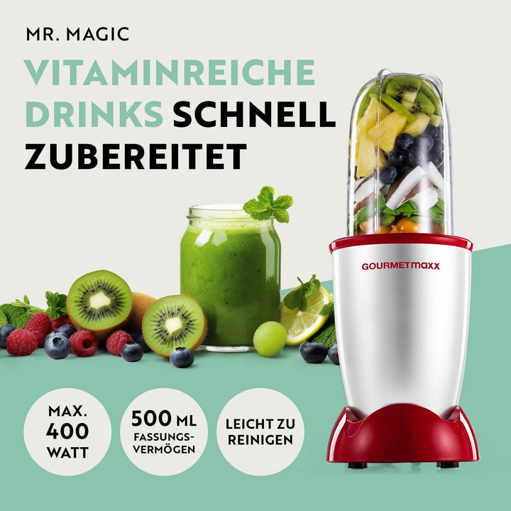 GOURMETmaxx Mixer Mr. Magic 4-tlg. | Smoothie Maker mit 400W Powerbase | inkl. Kreuzklingenaufsatz,