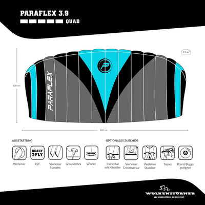 Wolkenstürmer® Paraflex Quad 4-Leiner Lenkmatte 3.9 in blau - „Ready to Fly“ Kite Drachen inkl. Hand