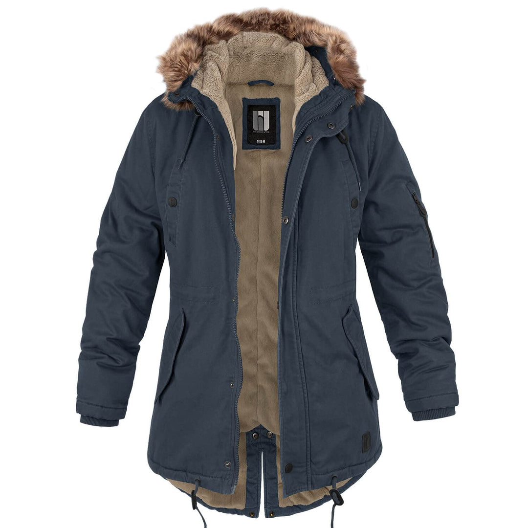 bw-online-shop Ladies Fishtail Winterparka mit Teddyfutter Parka Jacke Wintermantel S Navy, S Navy