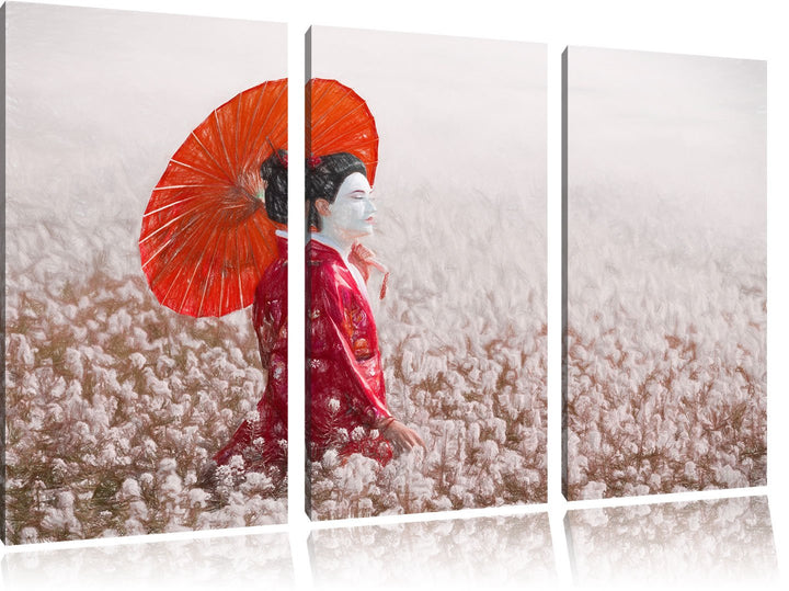 Pixxprint Geisha auf dem Feld / 3-Teilig/Gesamtmass 120cm Leinwandbild bespannt auf Holzrahmen/Wandb