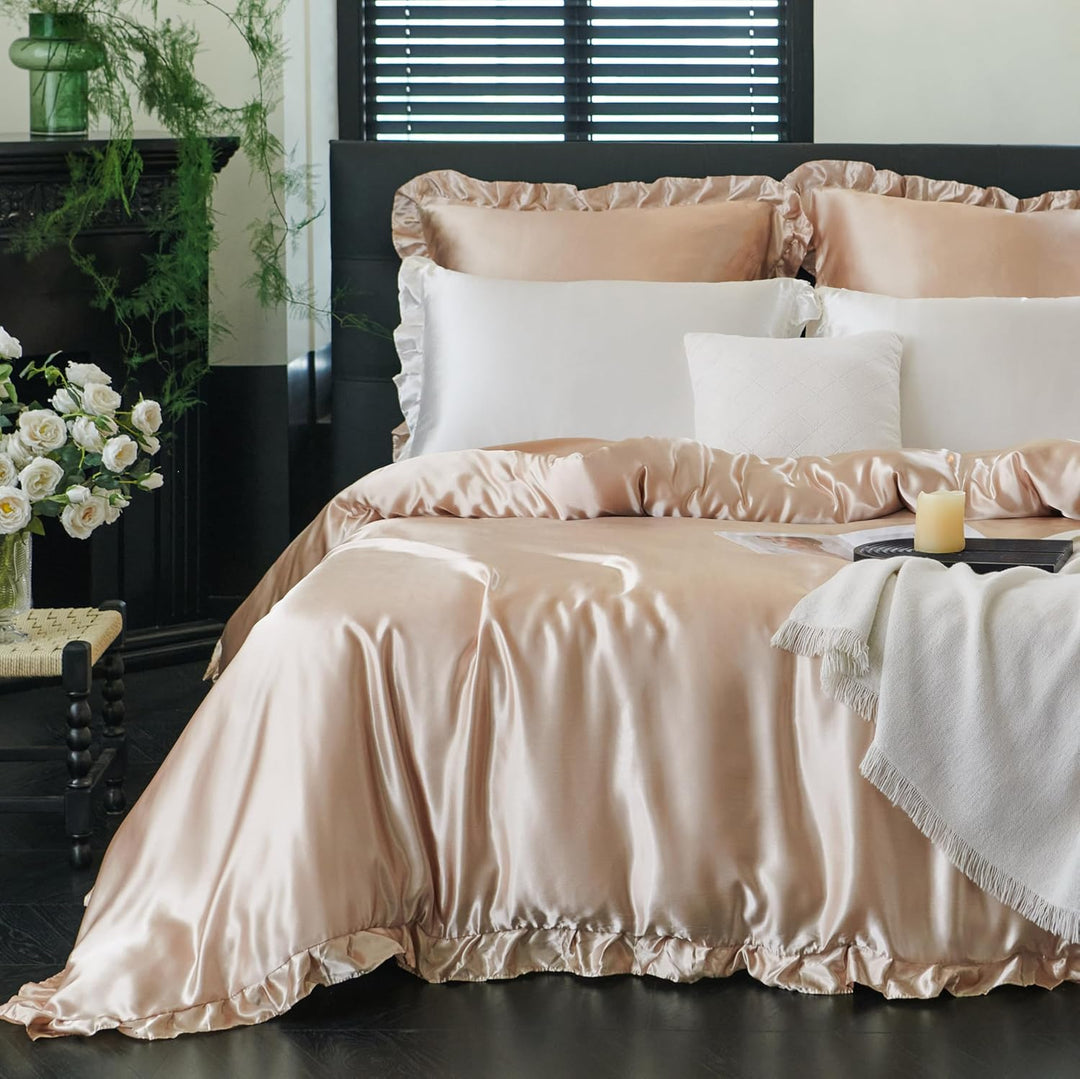 Freyamy Bettwäsche 220x240 Glatt Luxus Seide Bettwäsche Set Khaki Champagne Einfarbig Rüschen Romant