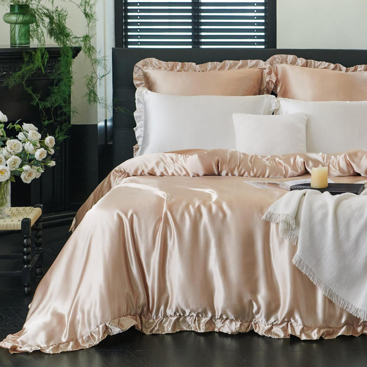 Freyamy Bettwäsche 220x240 Glatt Luxus Seide Bettwäsche Set Khaki Champagne Einfarbig Rüschen Romant