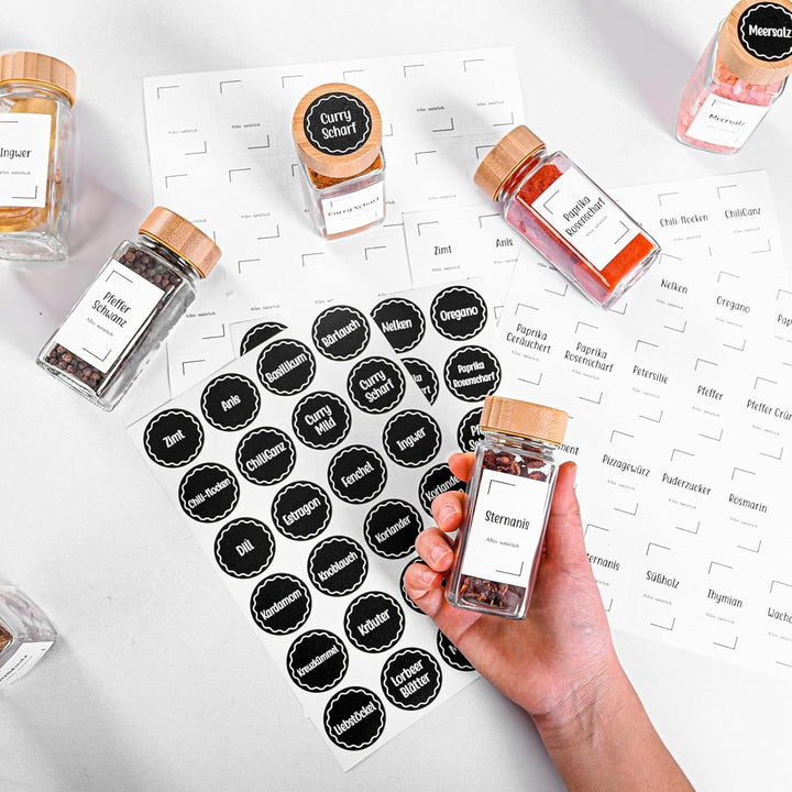 Gewürzgläser Eckig,Gewürzdosen 24er Set mit Bambusdeckel,120 ml Gewürzstreuer Spice Jars Gewürzbehäl
