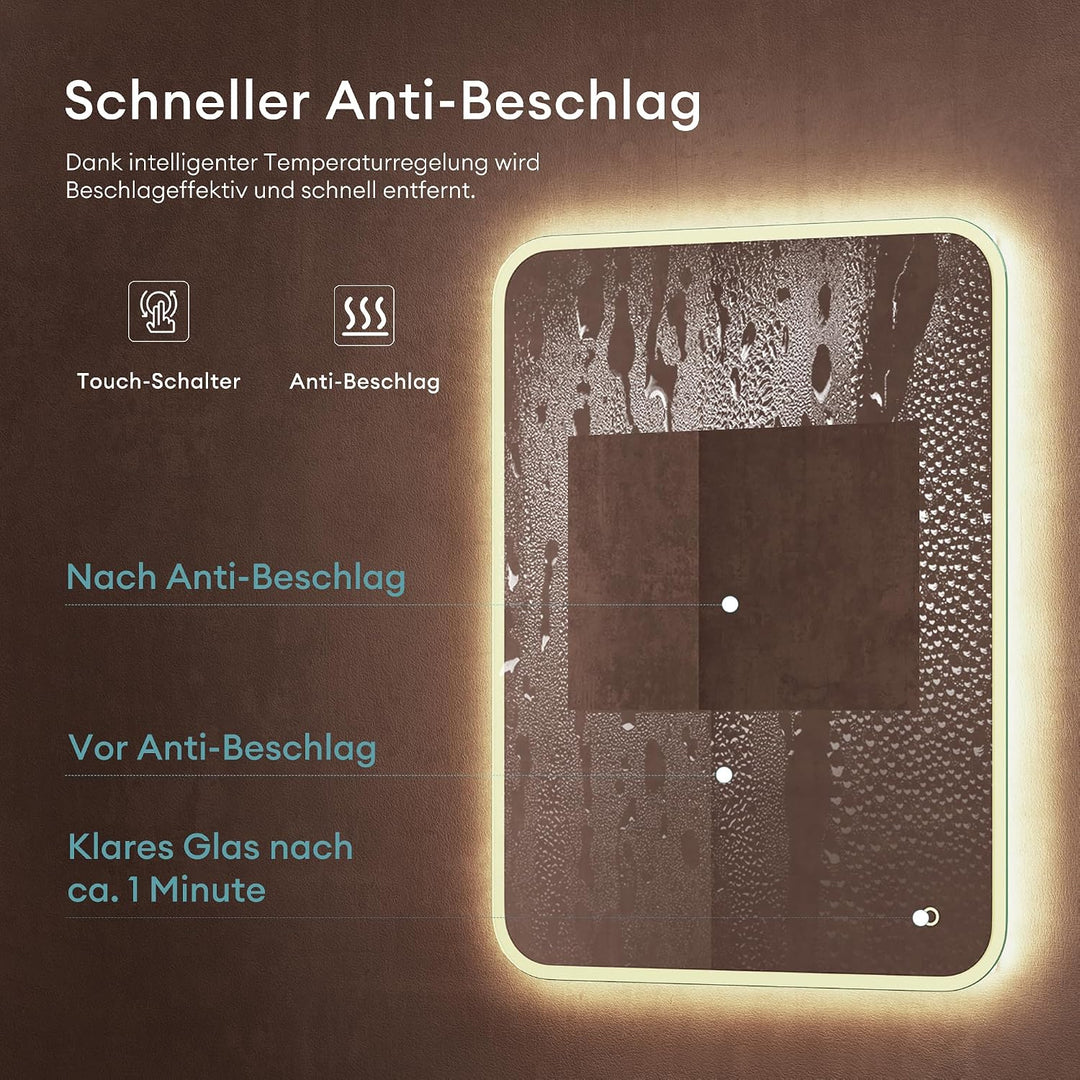dopporo LED Badspiegel 90x70cm Badzimmerspiegel mit Beleuchtung Spiegel mit runden Ecken Wandspiegel